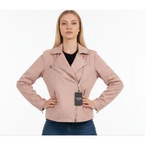 New with tag MANN Faux Suede Pink Motto Jacket  sz L Unisex See Measurements